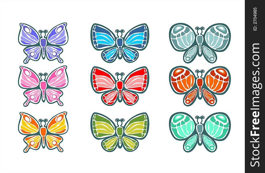 Nine multi-colored butterflies on a white background. Nine multi-colored butterflies on a white background.