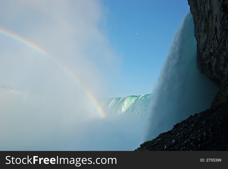 Rainbow descending into Niagara Falls. Rainbow descending into Niagara Falls