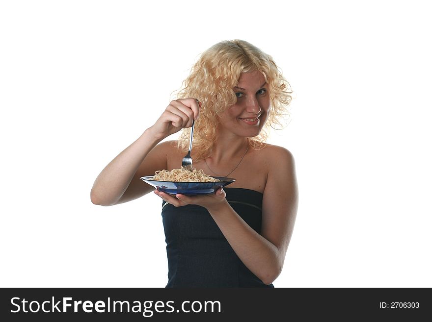 Woman with macaroni on white background