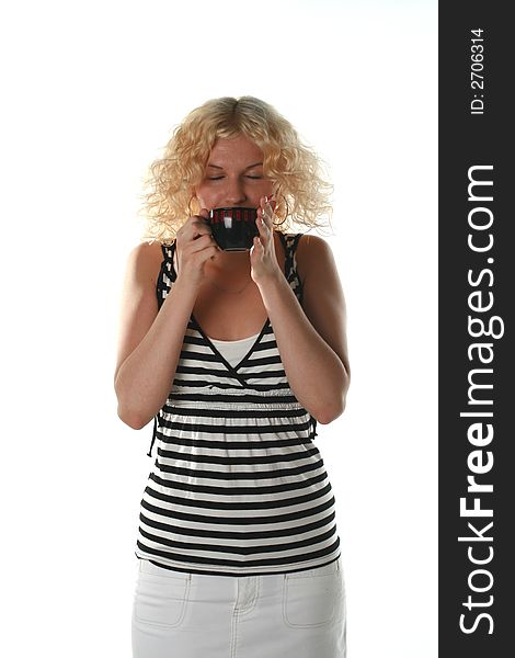 Girl with a cup of coffee on a white background