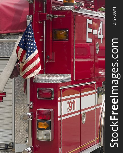 American Flag posted on Fire Truck. American Flag posted on Fire Truck