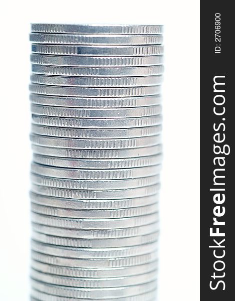 One stack of silver coins. One stack of silver coins