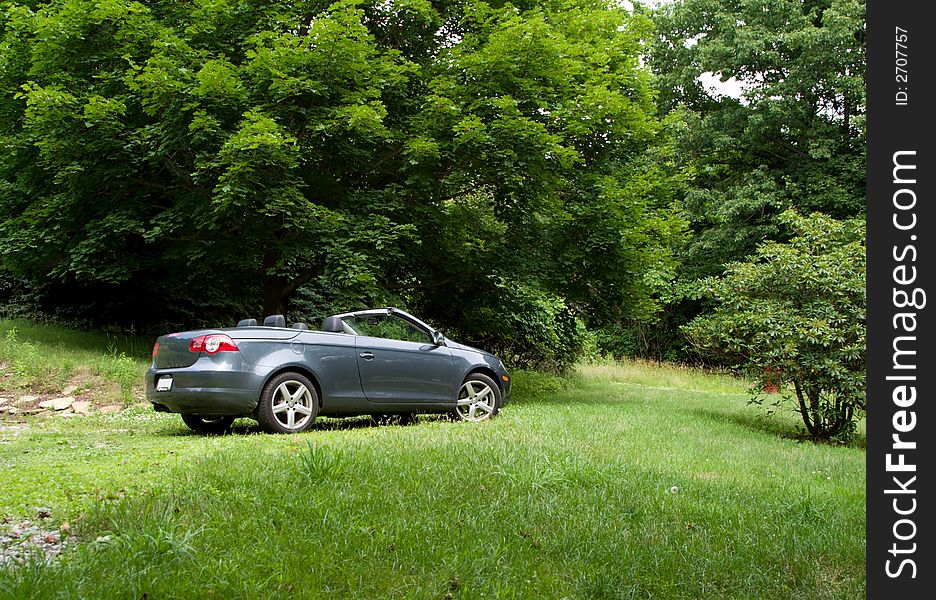 A convertible car parked in a field of grass and trees. A convertible car parked in a field of grass and trees.