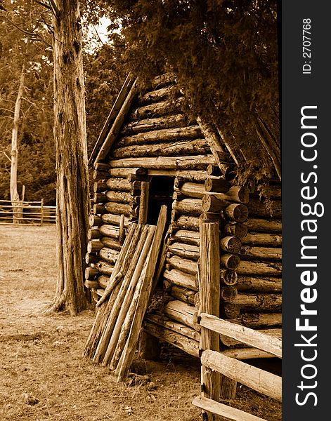 Sepia toned farm building. George Washington Birthplace National Monument in Virginia's Northern Neck region.