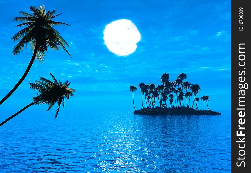 Sunset coconut palm trees on small island - 3d illustration.