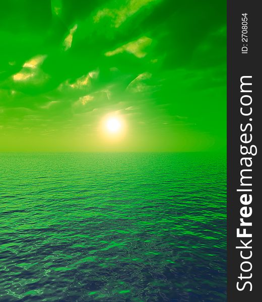 Green sea and sky at sunset - digital artwork. Green sea and sky at sunset - digital artwork