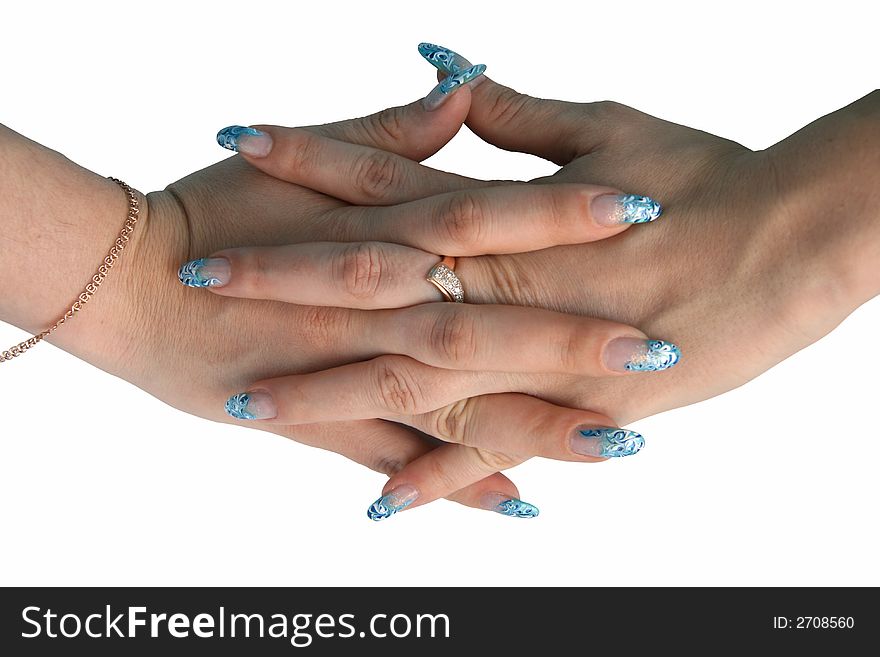 Two hands with the crossed fingers decorated with manicure