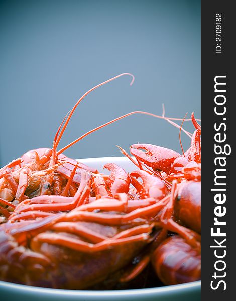 Closeup on boiled crawfish in a bowl over grey-blue background. Closeup on boiled crawfish in a bowl over grey-blue background