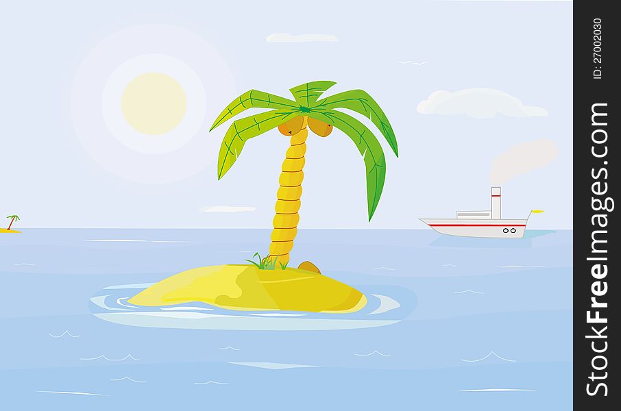 Palm tree on a small island in the ocean
