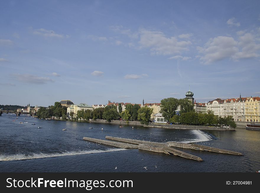 A picturesque view of the Vltava river in Prague, Czech Republic