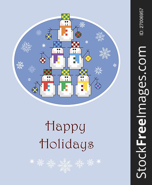 Christmas card with a tree made of snowmen. Christmas card with a tree made of snowmen