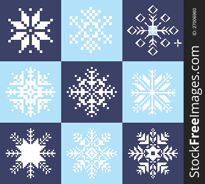 Collection of snowflakes on the blue background