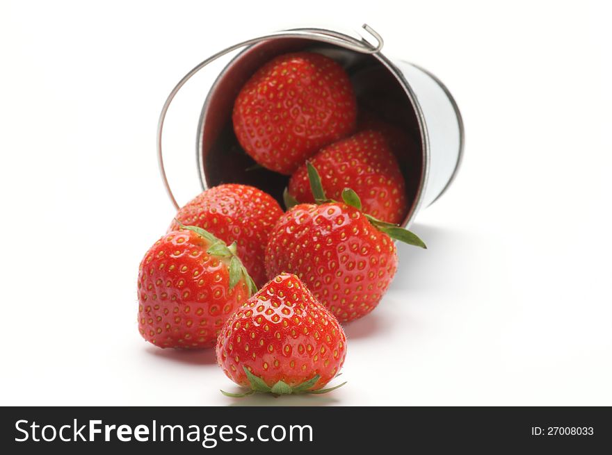 Ripe Strawberry Scattered from Tin Bucket  on white background. Ripe Strawberry Scattered from Tin Bucket  on white background