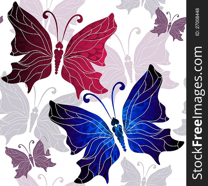 Seamless white pattern with vivid red, blue and gray butterflies (vector). Seamless white pattern with vivid red, blue and gray butterflies (vector)