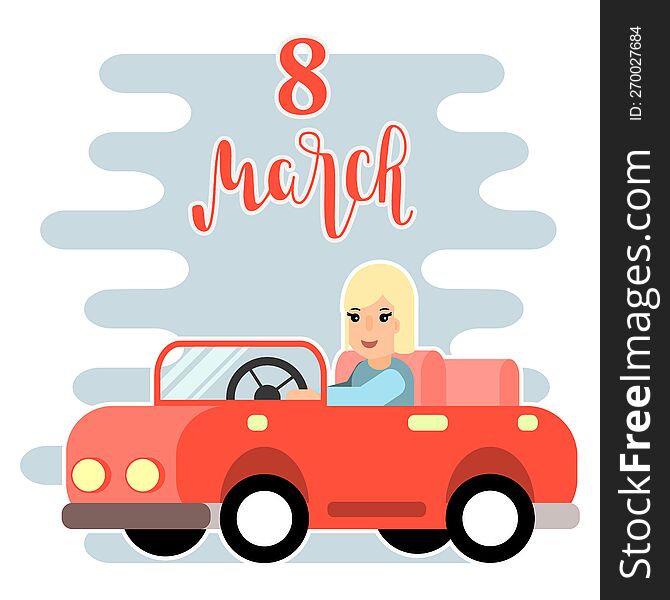 Cute retro car delivering bouquet of tulips. 8 march, birthday or wedding concept. Love, Romantic  illustration in flat cartoon style. For card, banner, invitation