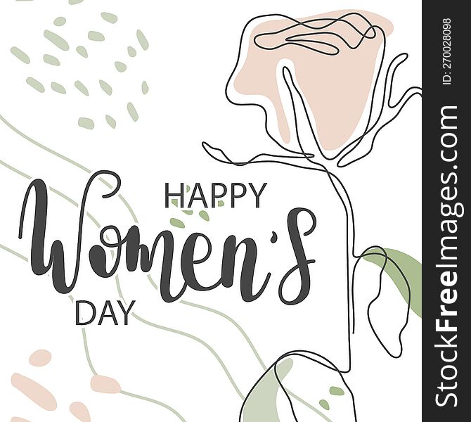 Happy Women& x27 s Day greeting card. Hand drawn  line calligraphy. One rose flower. Elegant banner with women& x27 s day. Template for poster, postcard, banner