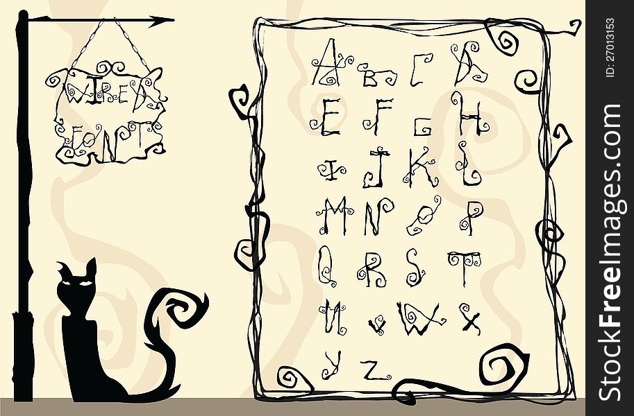 Iron necklace, stylized alphabet, with swirls and addition illustrations of a cat, frames and street pole. Separate layers. Iron necklace, stylized alphabet, with swirls and addition illustrations of a cat, frames and street pole. Separate layers.