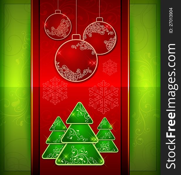 Balls and fir trees on red and green color background, vector illustration. Balls and fir trees on red and green color background, vector illustration