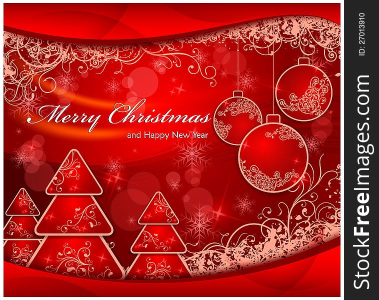 Christmas background with fir trees and balls in red & text, vector illustration. Christmas background with fir trees and balls in red & text, vector illustration