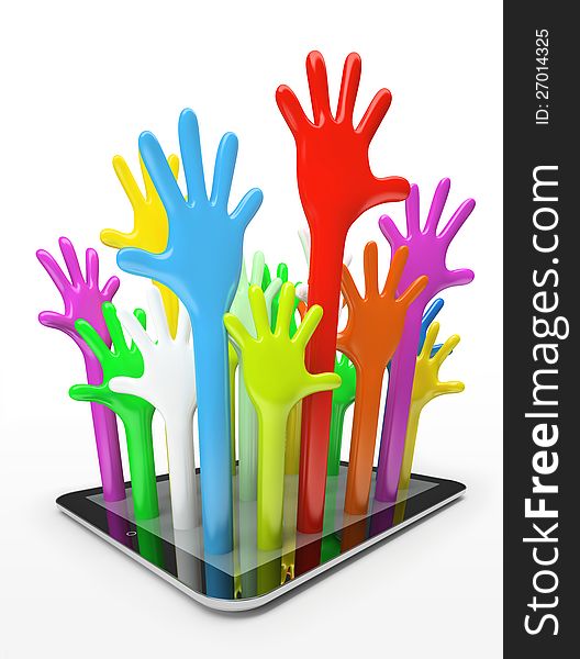 Ð¡omputer tablet and color hands of a users illustration