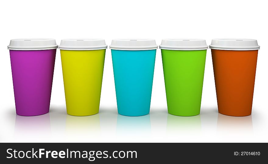 Five paper cups of coffee on white background illustration