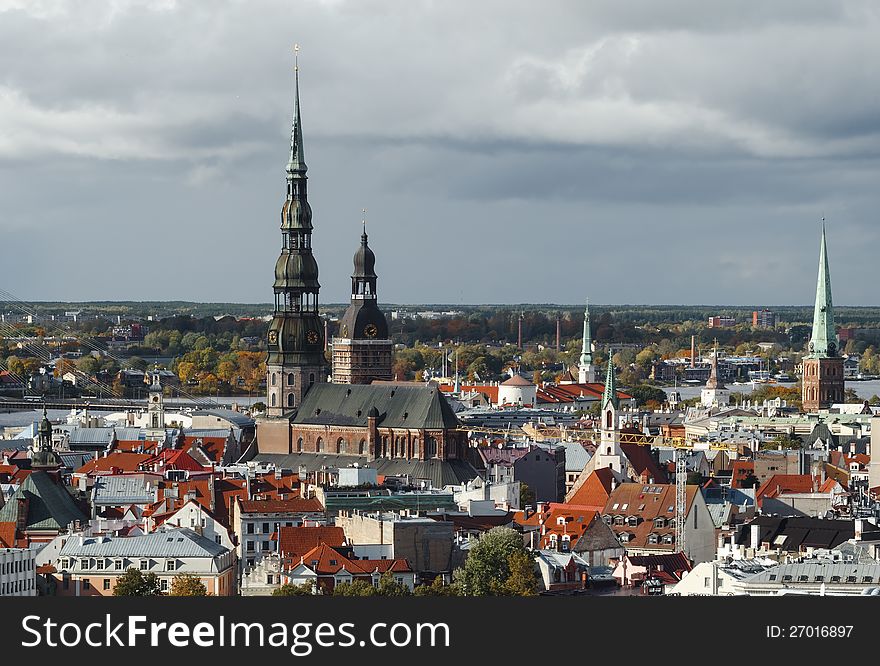 Colorful view on historical center of Riga city, Latvia, Europe