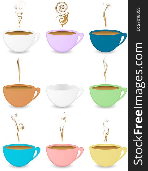 Many colorful coffeecups on a white background