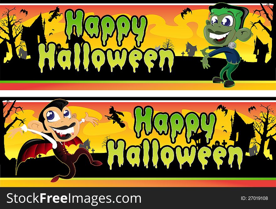 Vector illustration of a scary Little Vampire and Frankenstein Halloween Banners