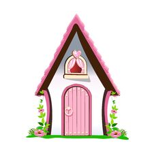 A Small House With A Pink Roof And Hearts Stands In A Flower Meadow. Fairy Tale Background  Illustration In Cartoon Style Is Stock Images