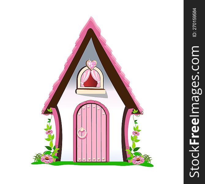 A small house with a pink roof and hearts stands in a flower meadow. Fairy tale background  illustration in cartoon style is