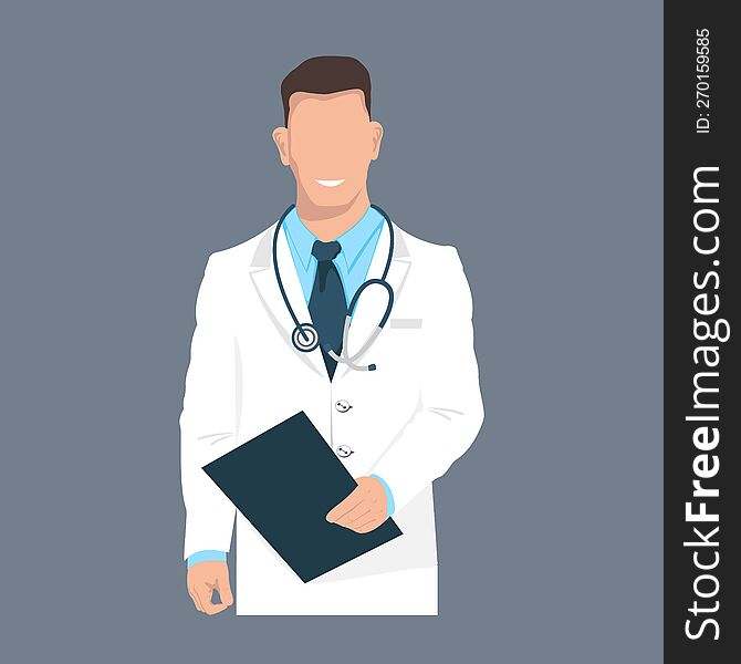 A friendly doctor in a white coat with a stethoscope and a tablet in his hand. Illustration in a flat style.