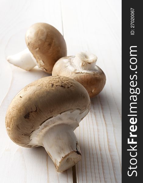 Three Mushrooms on a white table. Three Mushrooms on a white table