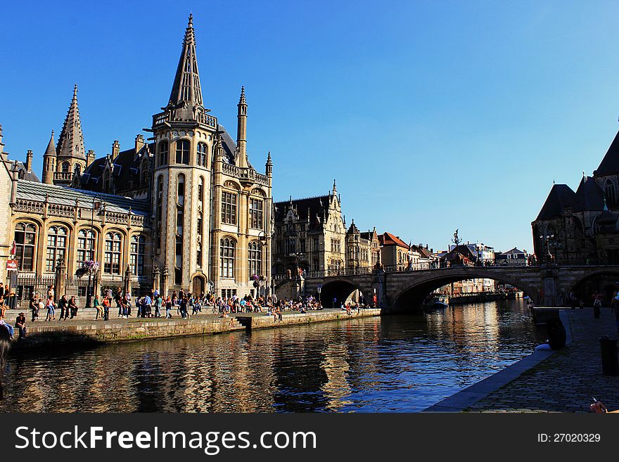Belgium ,Ghent bridge, architecture landscape channel