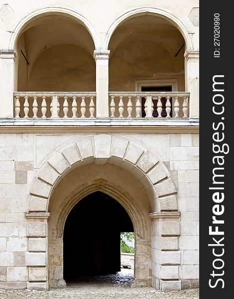 View on wall and gate to Pieskowa Skala Palace - Poland.