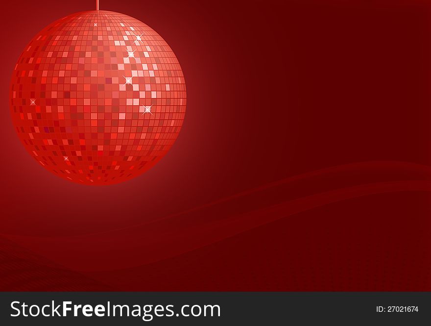 Red disco ball on abstract red background, vector illustration