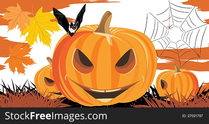 Halloween Pumpkins, Bat And Spiders