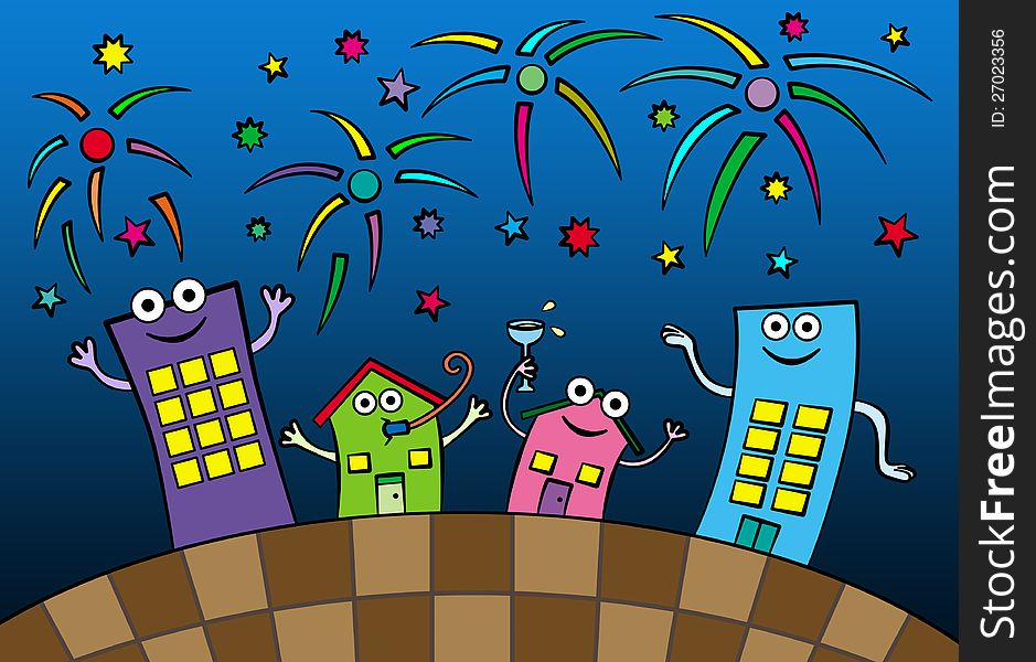 A group of two houses and two buildings are having a party with fireworks above them. A group of two houses and two buildings are having a party with fireworks above them