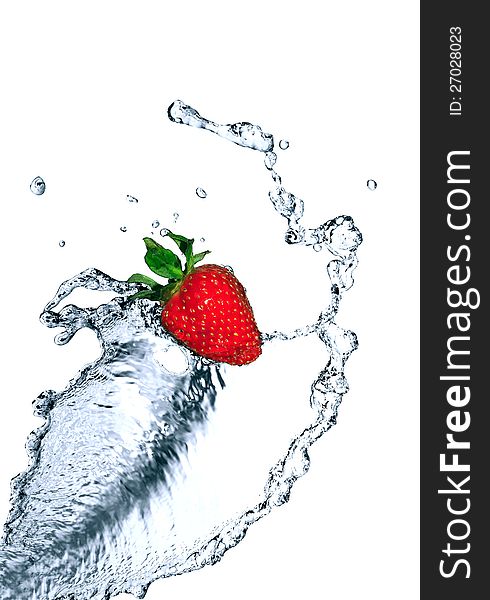 Red strawberry inside flowing water on white background. Red strawberry inside flowing water on white background