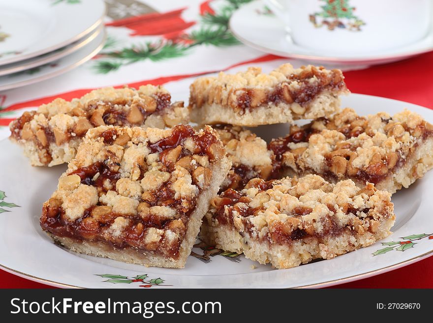 Strawberry nut bars on a Christmas plate