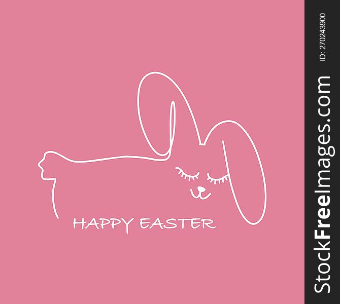 Cute rabbit in one line and Happy Easter inscription. Easter card. Vector illustration
