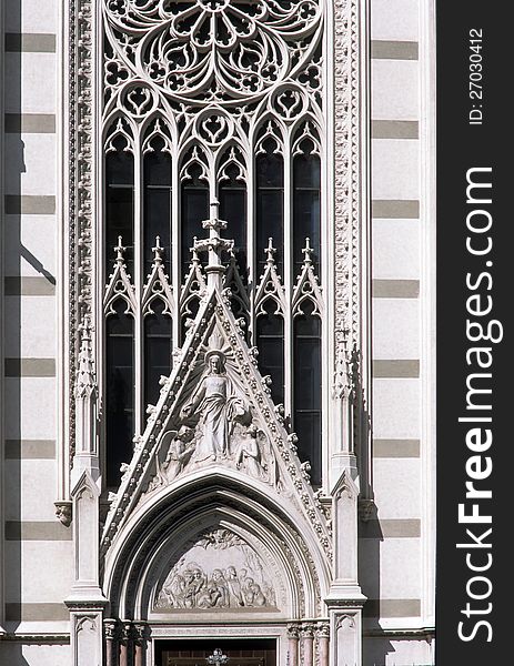 Neo-Gothic architectural details of the Church of the Sacred Heart of Suffrage in Rome, Italy