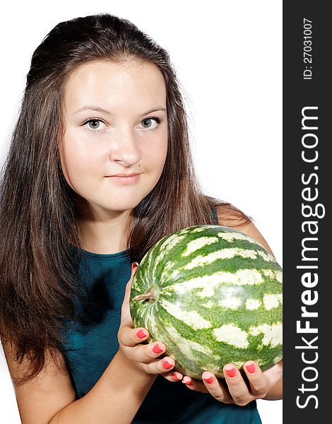 Pretty girl offers a watermelon isolated background