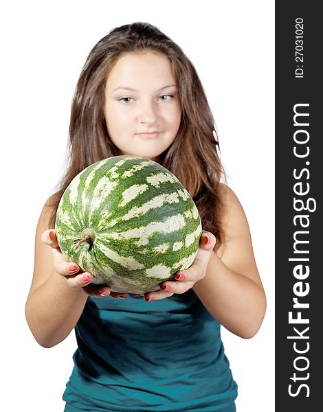 Cute girl offers a watermelon isolated background