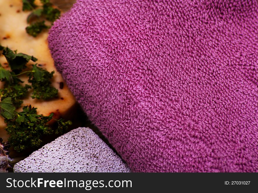 Purple terry towel with pumice and handmade soap