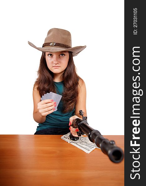 Cowboy girl with gun isolated on white background