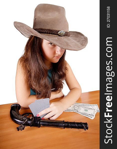 Cowboy girl with gun isolated  background