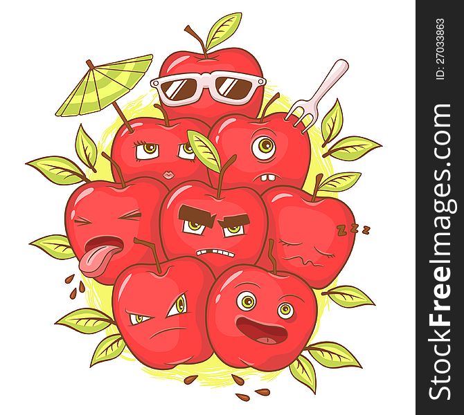 Illustration of red apples with faces