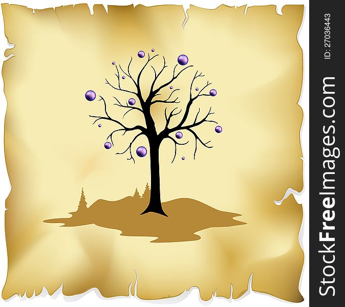 Abstract tree on old paper background with violet balls decoration