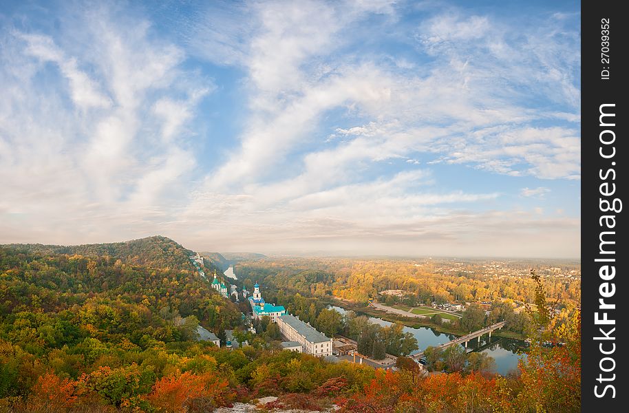 Orthodox church in Svyatogorsk, Donetsk Region, Ukraine; autumn landscape