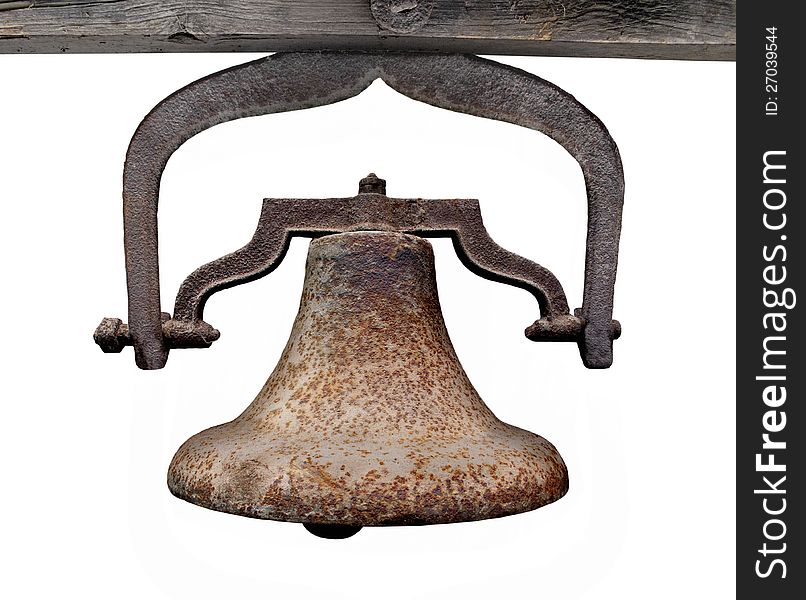 Large worn and corroded metal bell, hanging from a wooden beam. Isolated on white. Large worn and corroded metal bell, hanging from a wooden beam. Isolated on white.